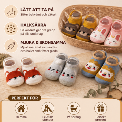 Halkfria sockskor med tecknade motiv för bebisar och småbarn