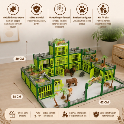 Modulärt bygg-ditt-eget-zoo-set med djurfigurer och interaktiva burar