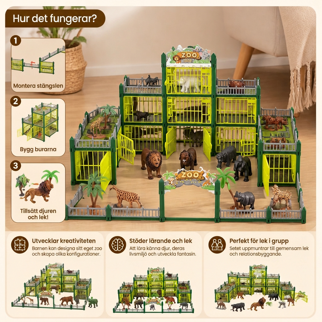 Modulärt bygg-ditt-eget-zoo-set med djurfigurer och interaktiva burar