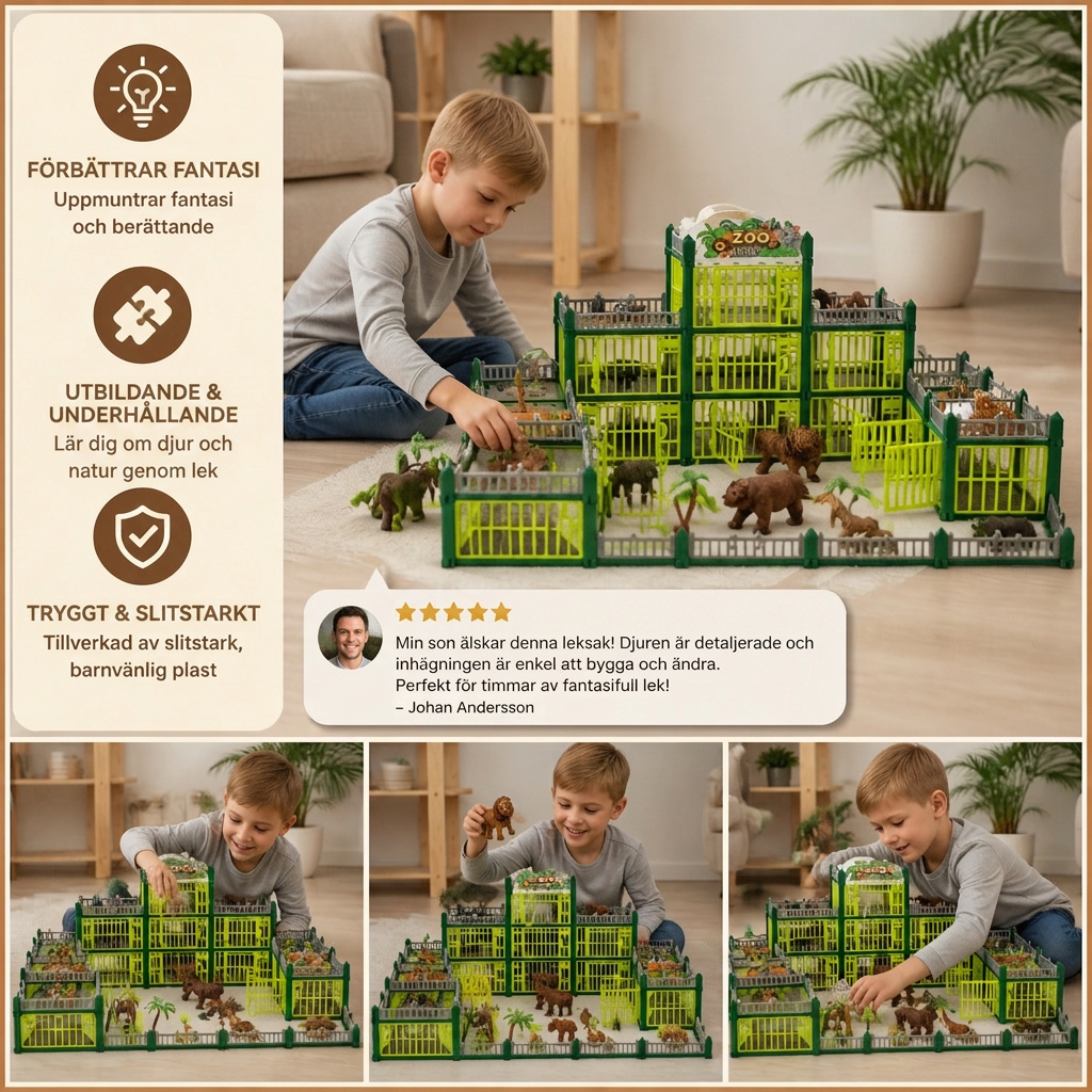Modulärt bygg-ditt-eget-zoo-set med djurfigurer och interaktiva burar
