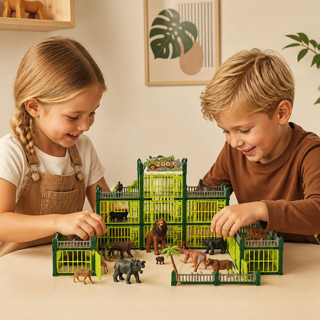 Modulärt bygg-ditt-eget-zoo-set med djurfigurer och interaktiva burar