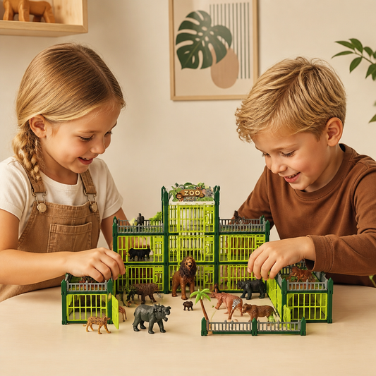 Modulärt bygg-ditt-eget-zoo-set med djurfigurer och interaktiva burar