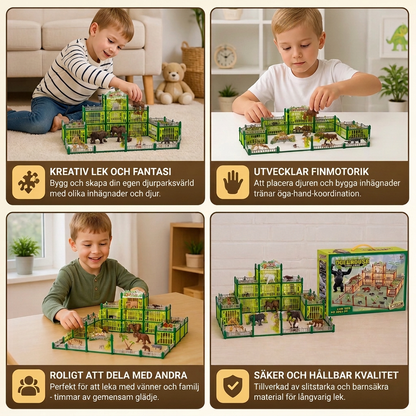 Modulärt bygg-ditt-eget-zoo-set med djurfigurer och interaktiva burar