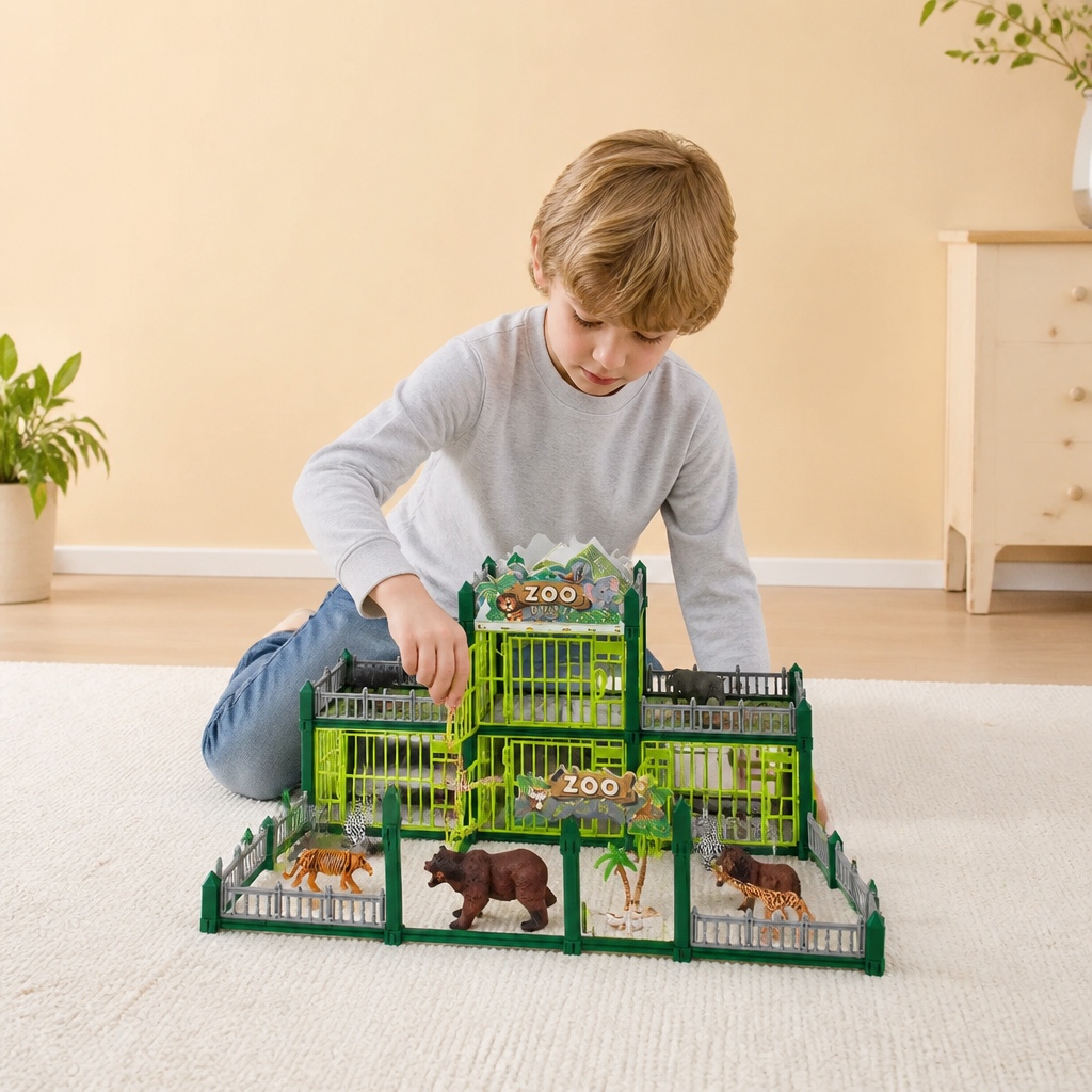 Modulärt bygg-ditt-eget-zoo-set med djurfigurer och interaktiva burar