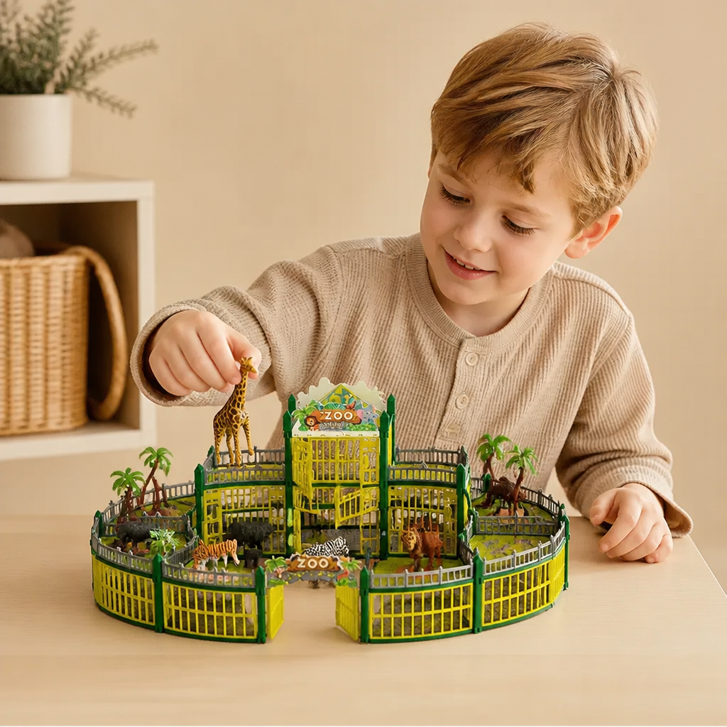 Modulärt bygg-ditt-eget-zoo-set med djurfigurer och interaktiva burar