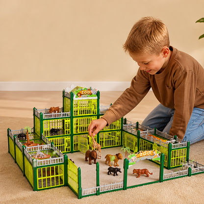 Modulärt bygg-ditt-eget-zoo-set med djurfigurer och interaktiva burar