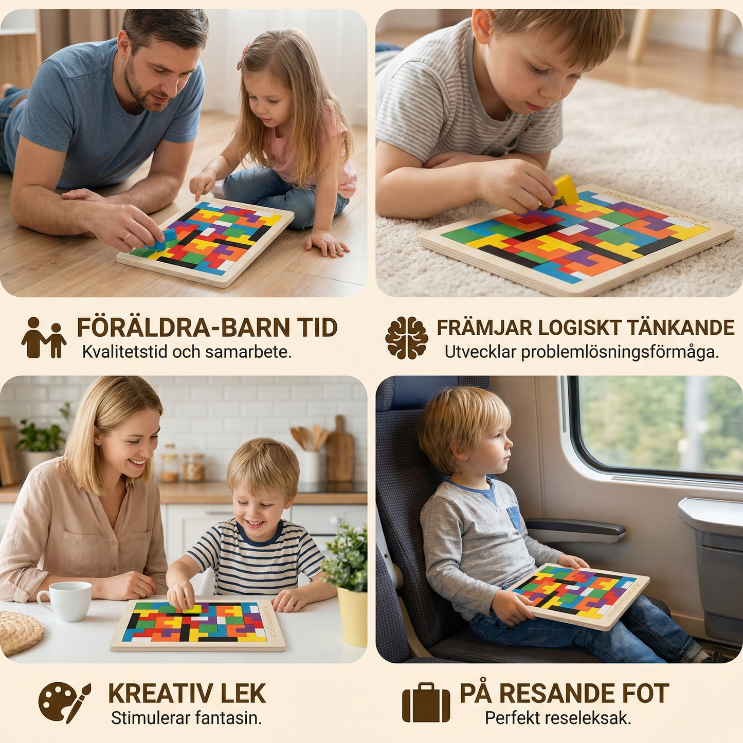 Pedagogiskt trä-tangram – Färgglatt Montessori-inspirerat lärspel för barn