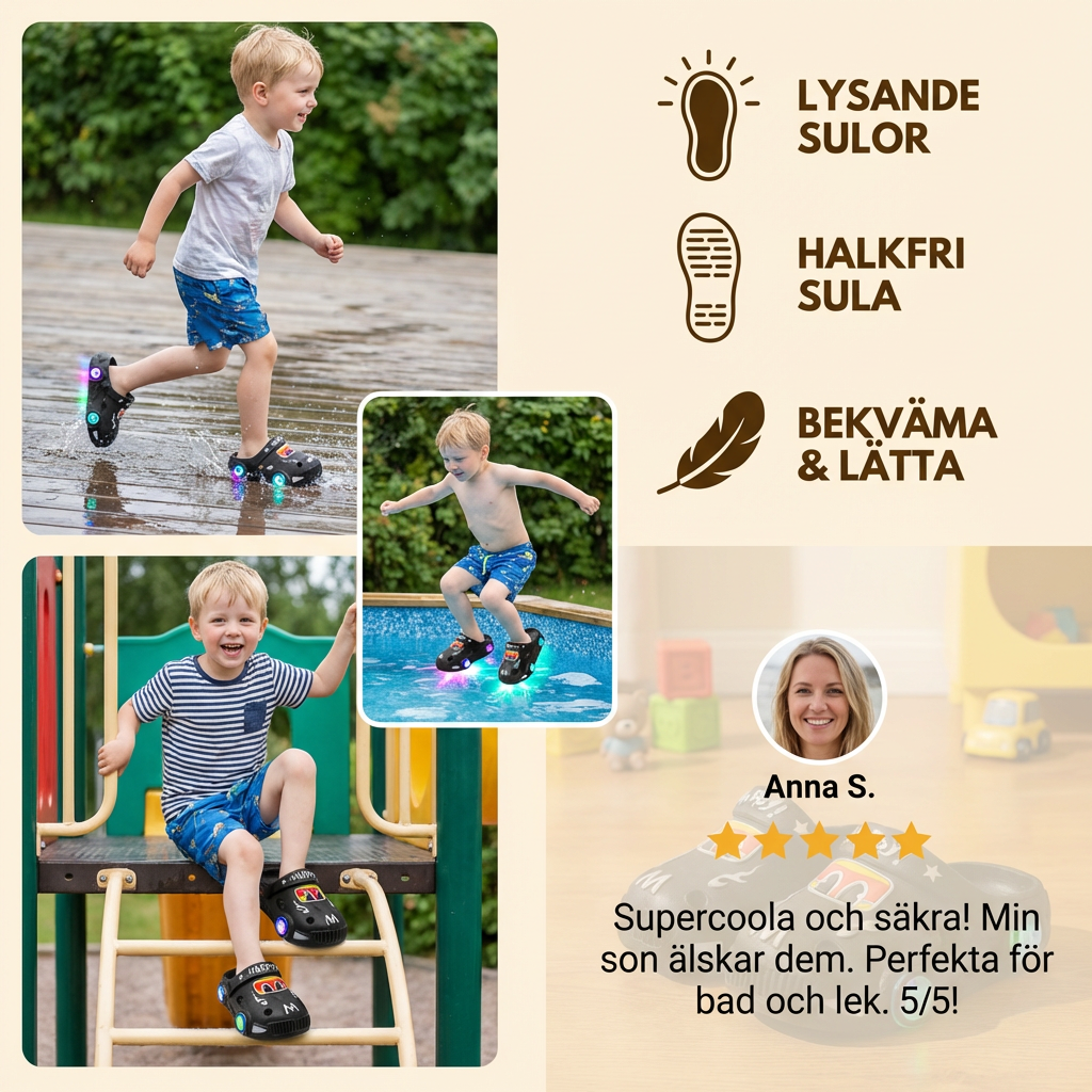 Lysande biltofflor för barn – badtofflor med halkfri sula