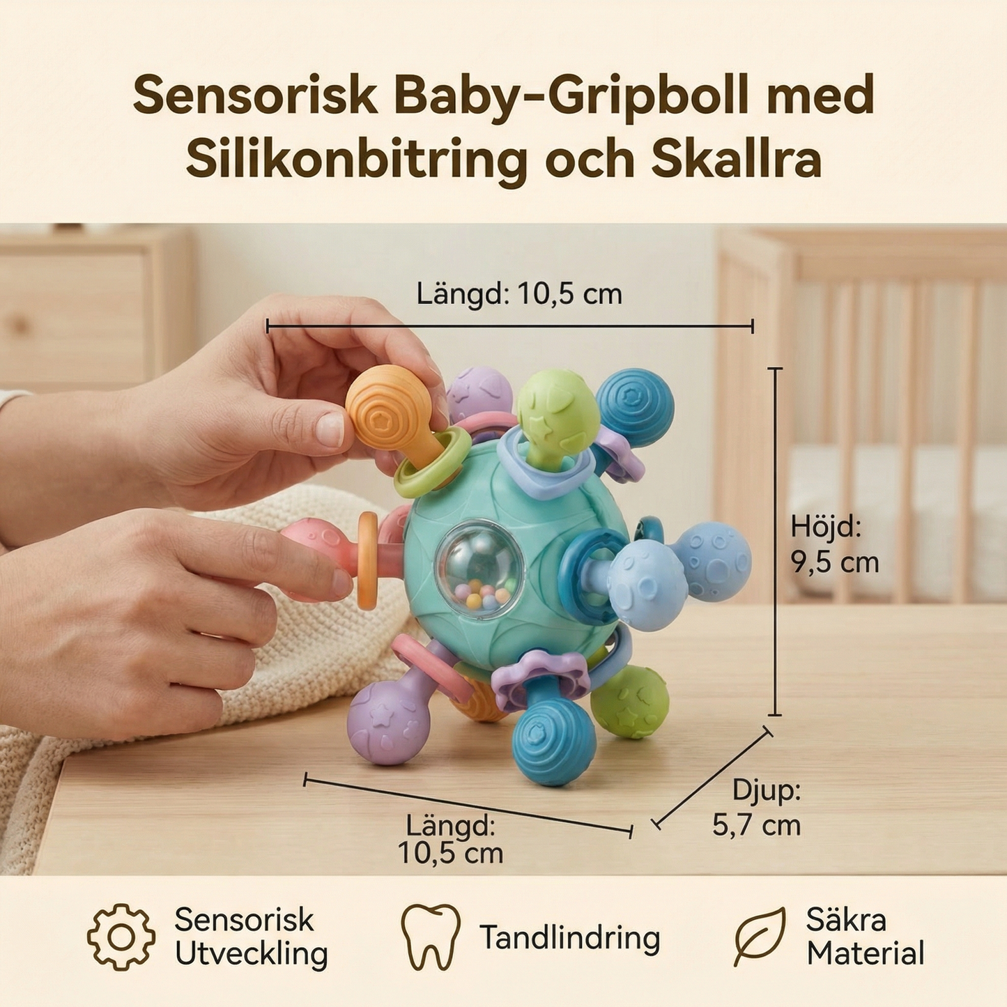 Sensorisk babygreppboll med silikonbitring och skallra