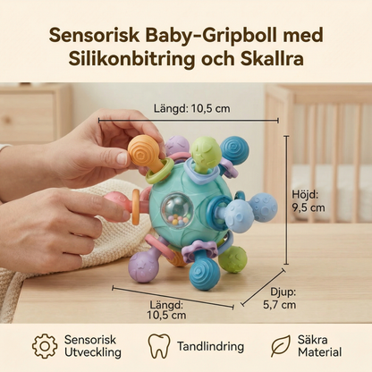 Sensorisk babygreppboll med silikonbitring och skallra