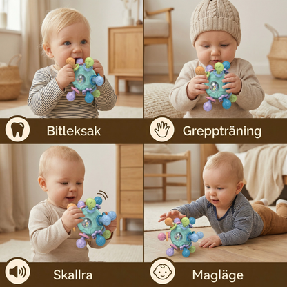 Sensorisk babygreppboll med silikonbitring och skallra