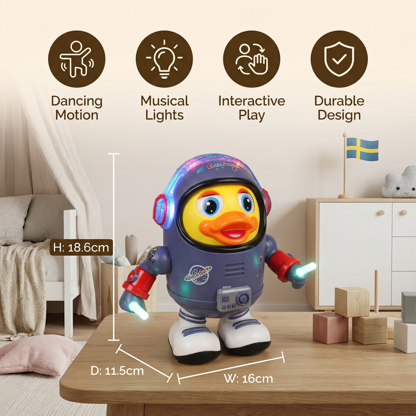 Dansande anka i astronautdräkt