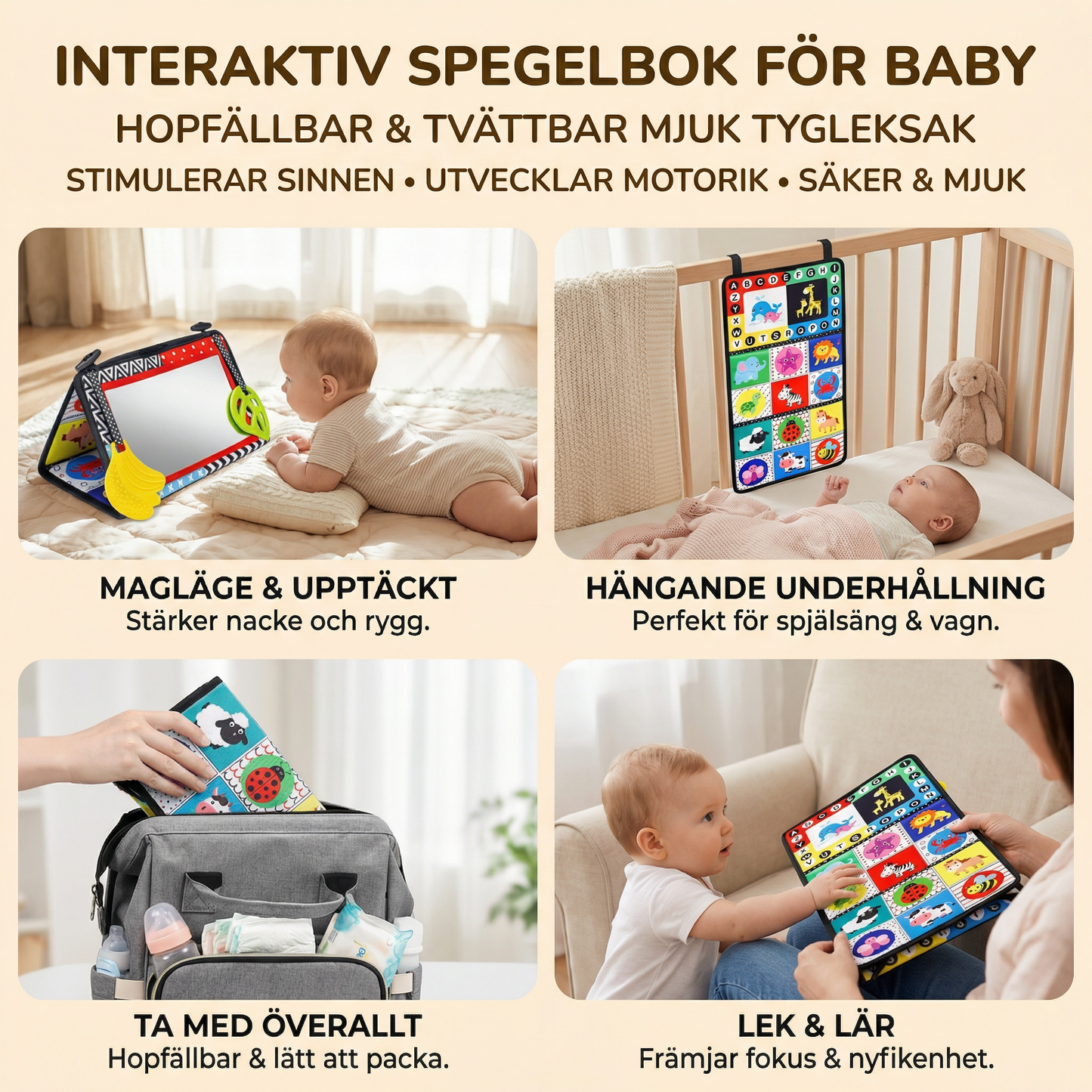 Interaktiv Spegelbok för Baby – Hopfällbar och Tvättbar Mjuk Tygleksak