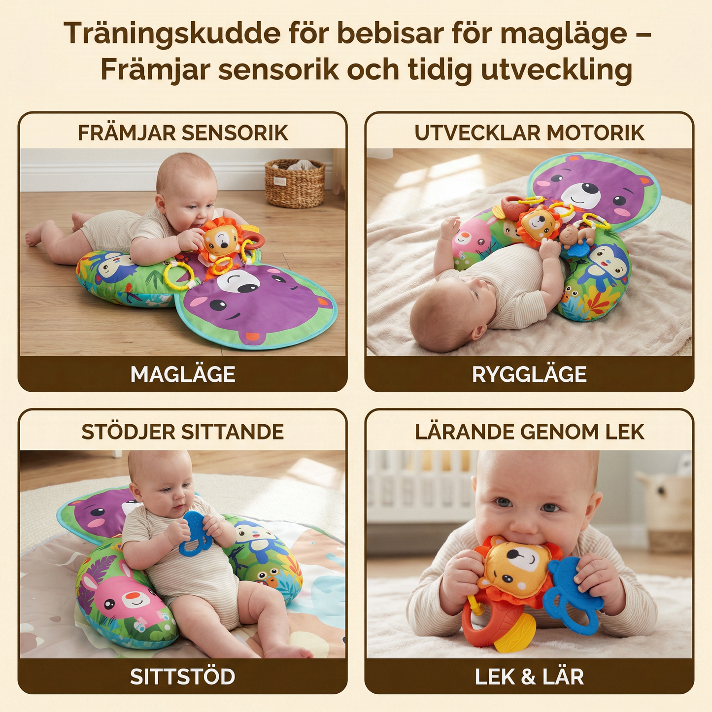 Träningskudde för bebisar för magläge med lekbåge – Främjar sensorik och tidig utveckling