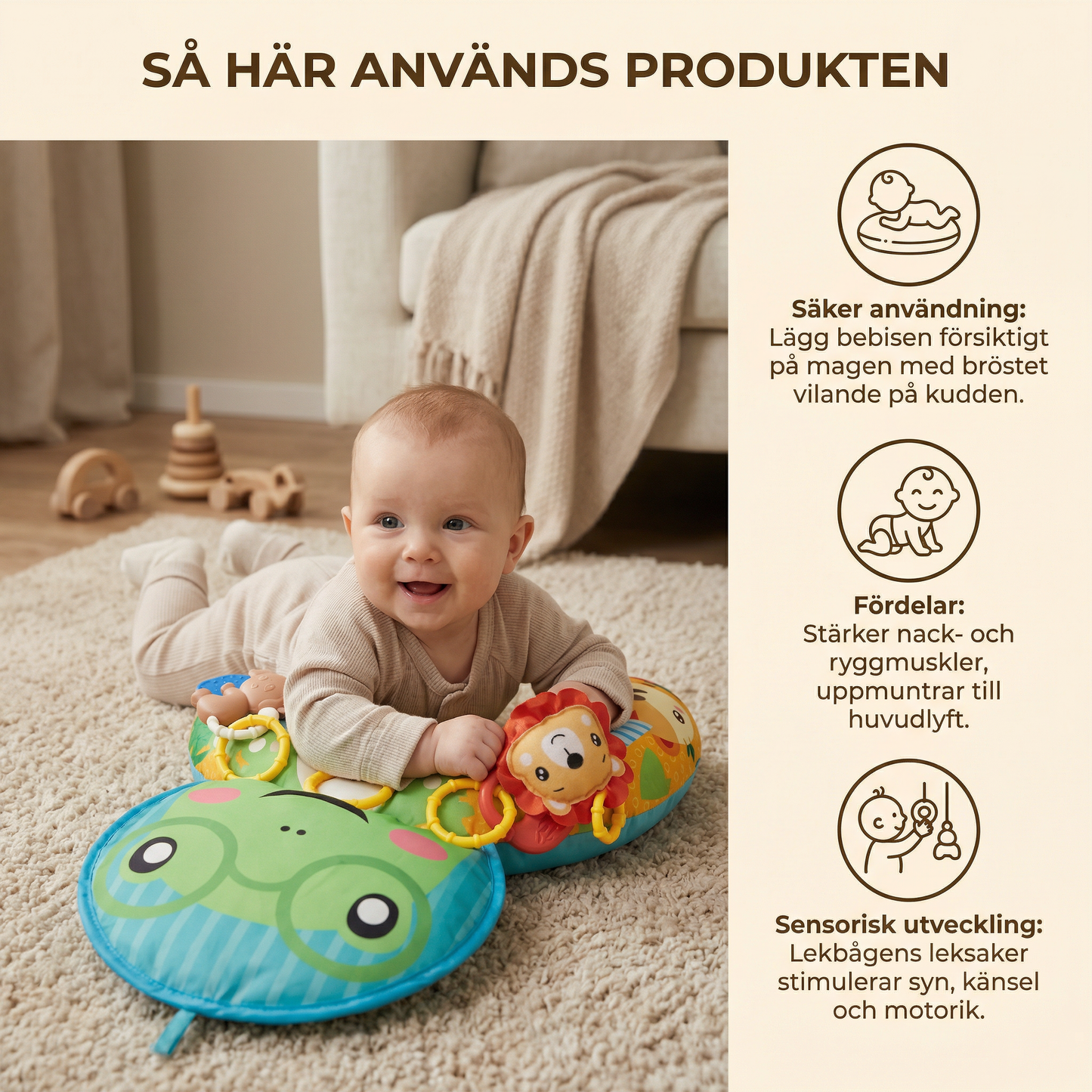 Träningskudde för bebisar för magläge med lekbåge – Främjar sensorik och tidig utveckling