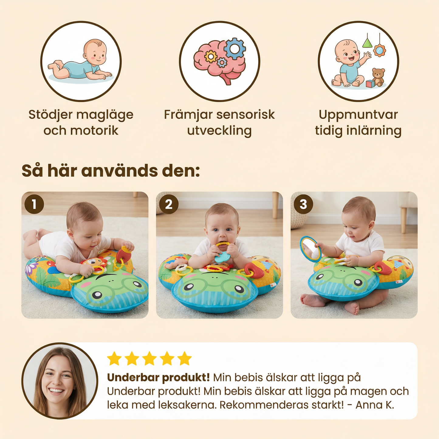 Träningskudde för bebisar för magläge med lekbåge – Främjar sensorik och tidig utveckling