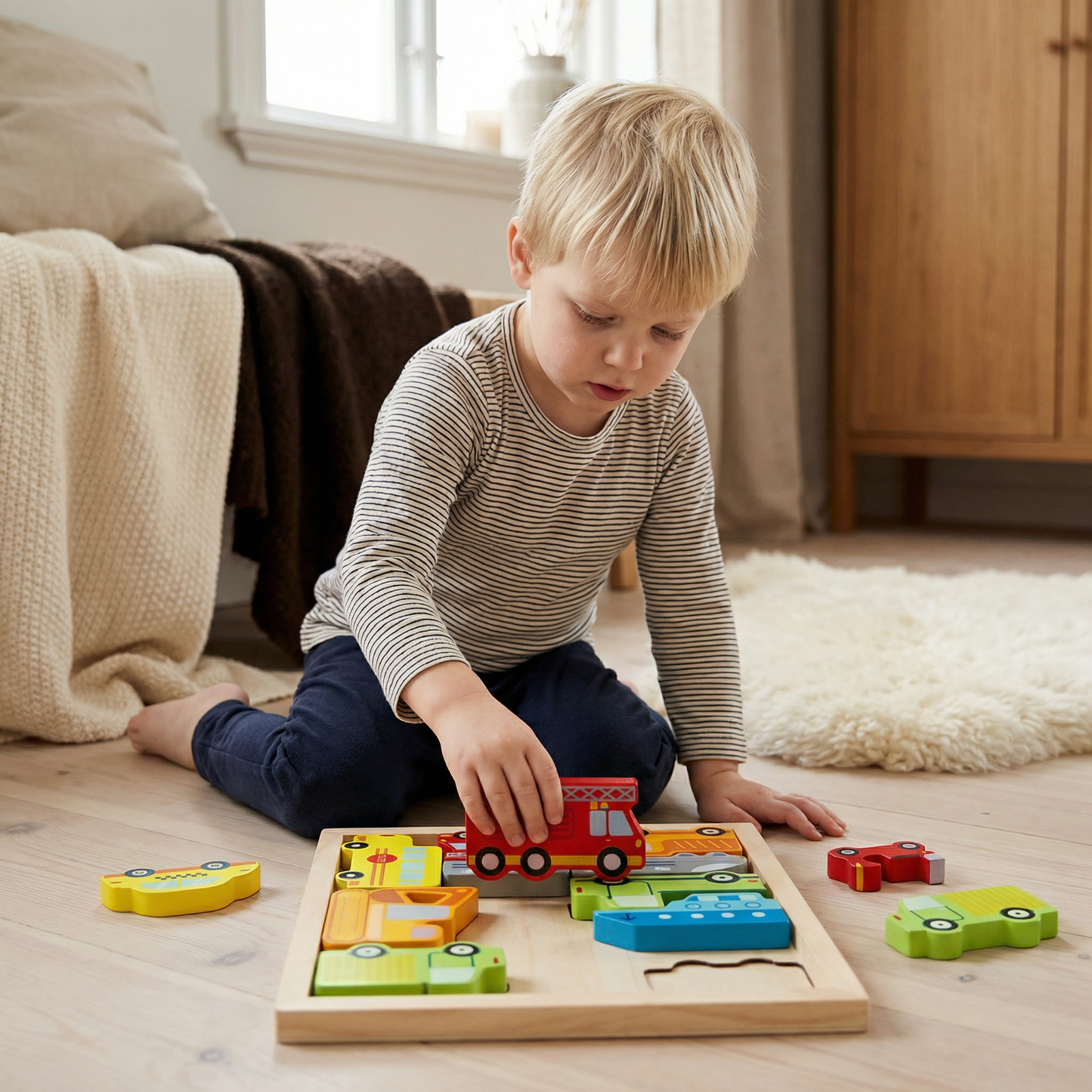 Pedagogiskt Träpussel för Barn – Matchning av Former och Färger, Leksak för Finmotorisk Utveckling