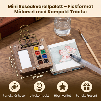 Mini Reseakvarellpalett – Fickformat Målarset med Kompakt Träetui