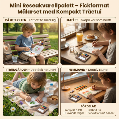 Mini Reseakvarellpalett – Fickformat Målarset med Kompakt Träetui