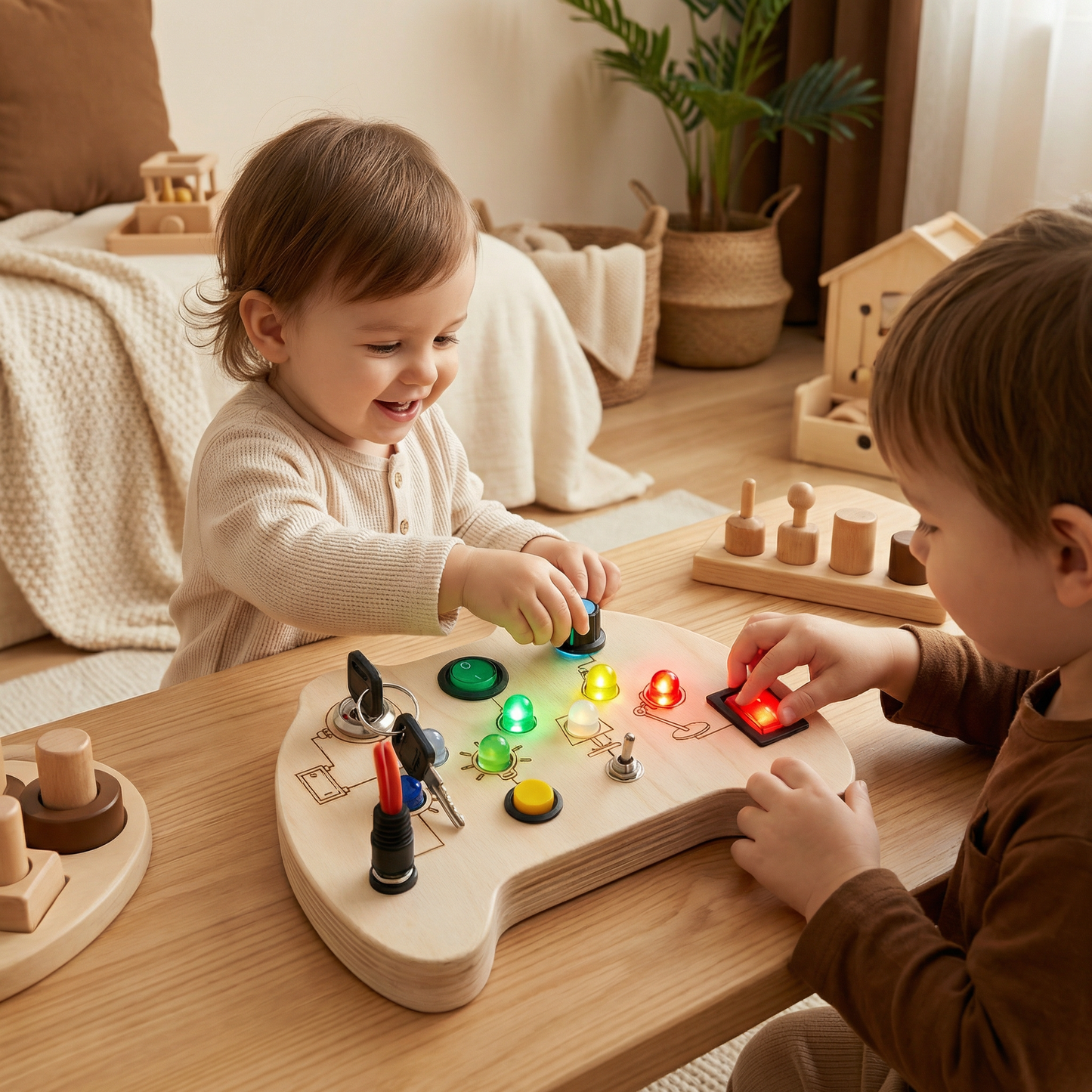 LED Controller Busy Board i Trä – Montessori Leksak för Att Främja Motorik