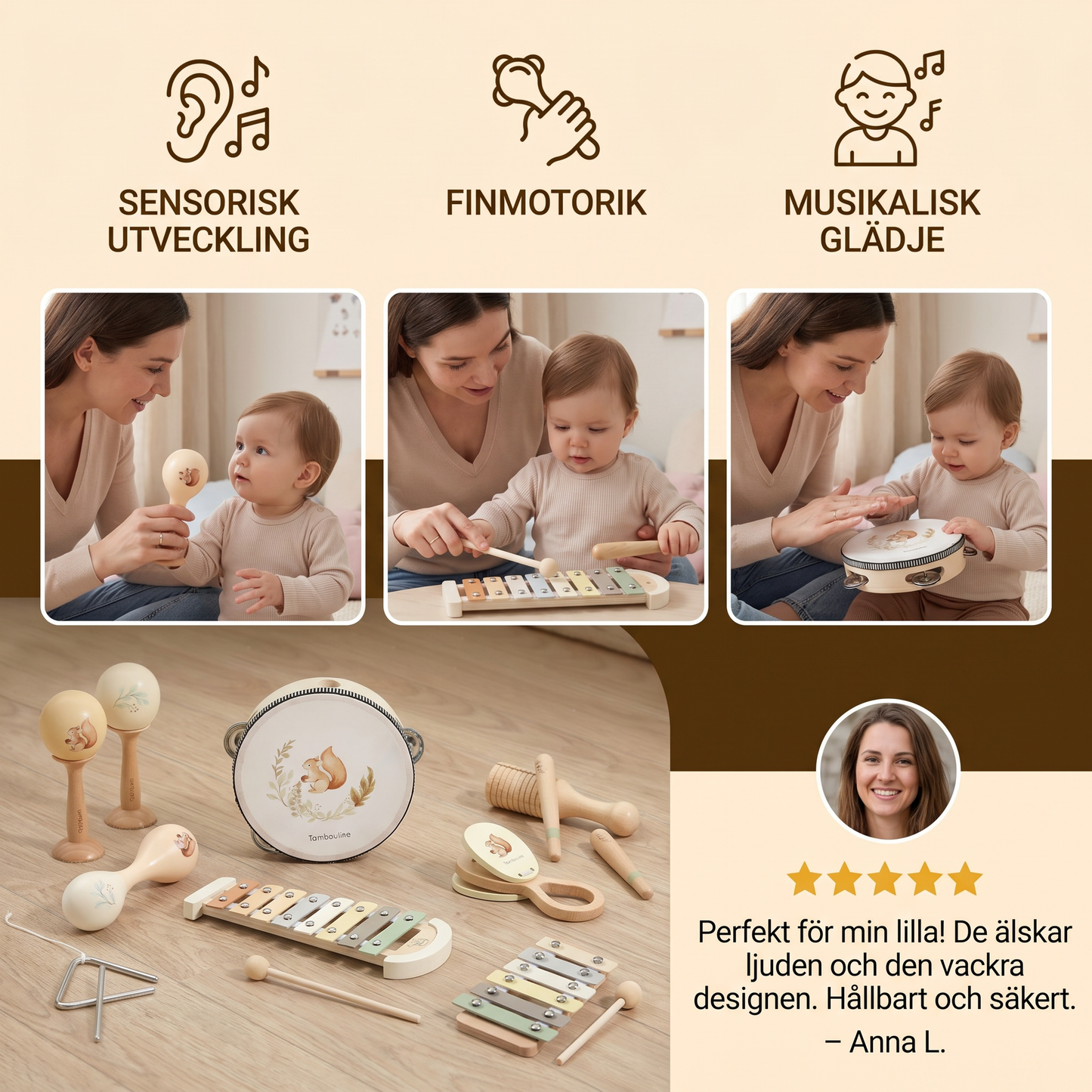 Montessori Trä-Musikinstrument Set för Bebisar – Sensorisk och Musikaliskt Lärande Lek