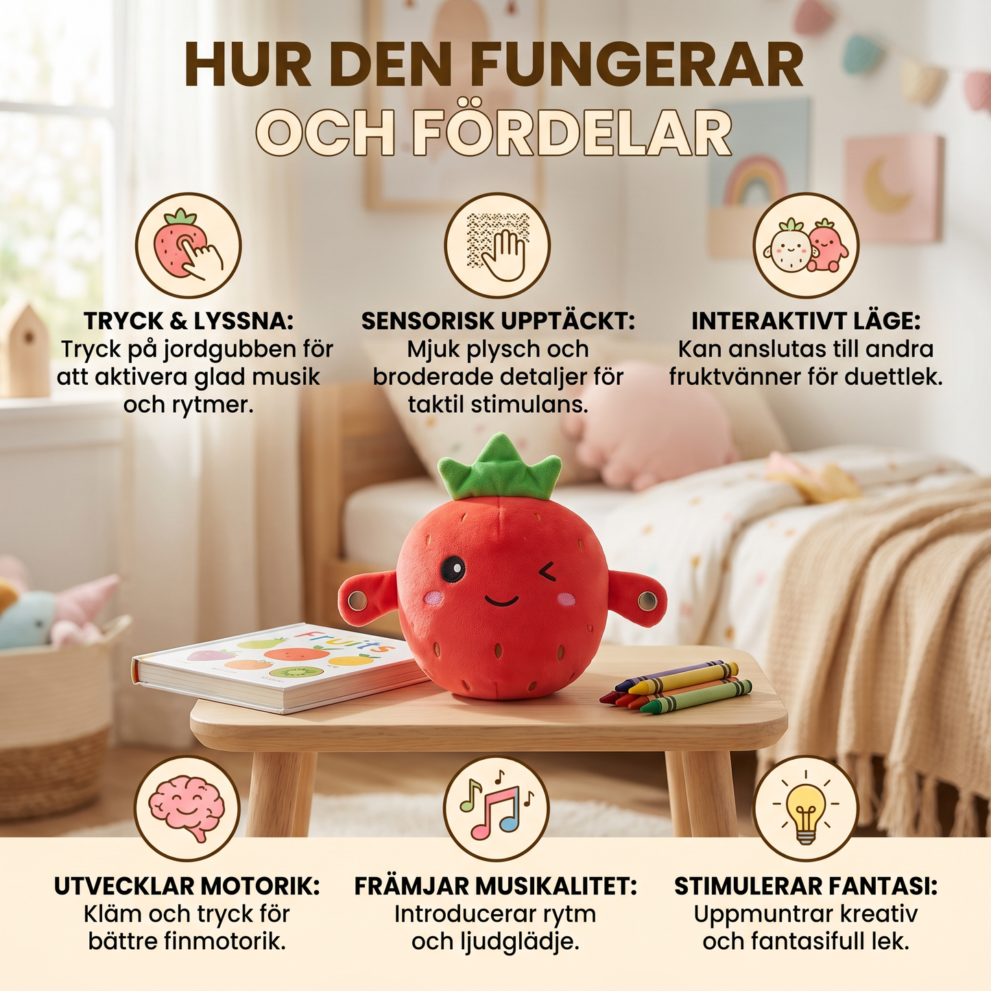 Interaktiv Frukt-Plushleksak för Barn – Sensorisk Musik- och Rytmleksak