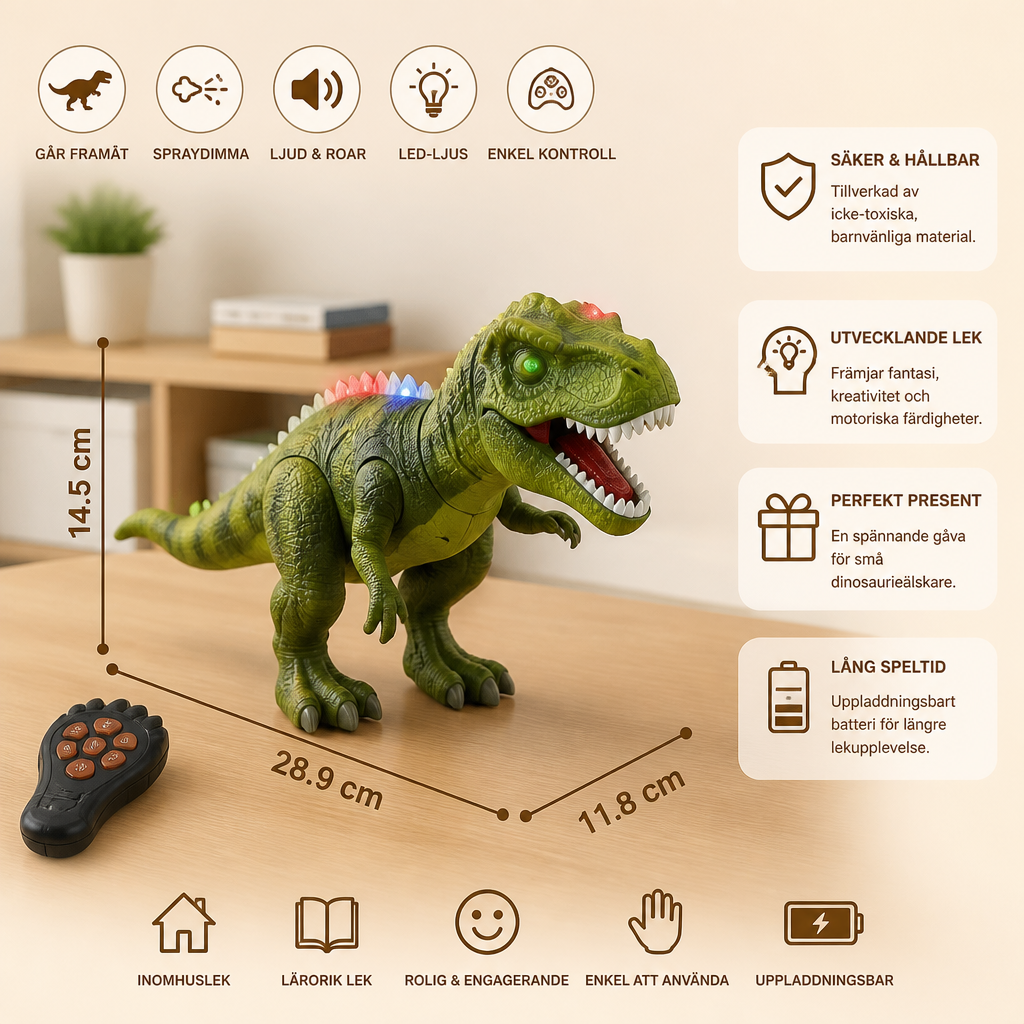 Fjärrstyrd Gående T-Rex – RC-Dinosaurie Med Spraydimma, Ljus Och Ljud