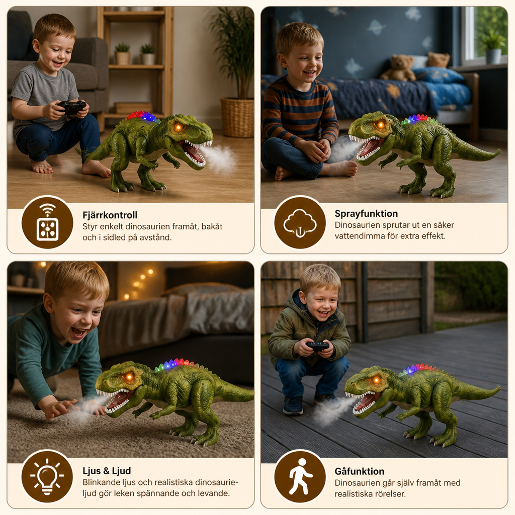 Fjärrstyrd Gående T-Rex – RC-Dinosaurie Med Spraydimma, Ljus Och Ljud