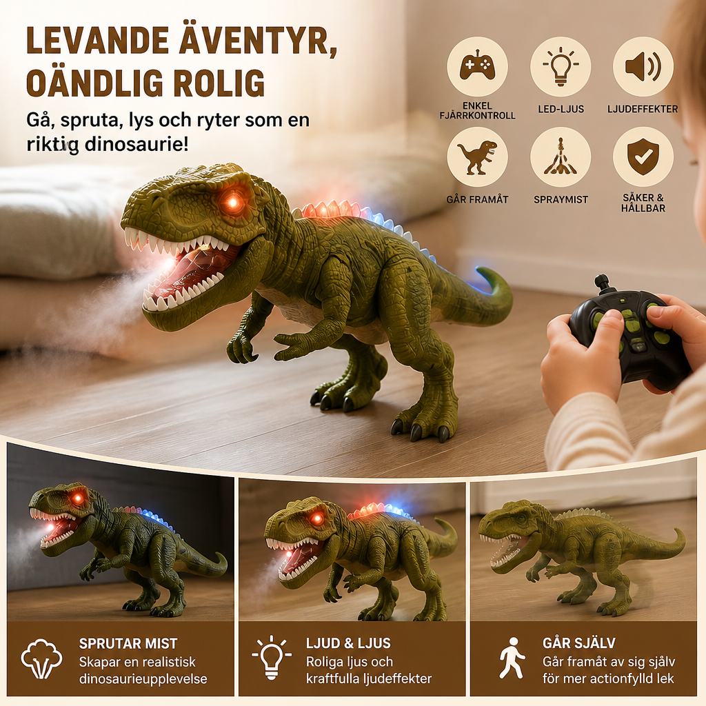Fjärrstyrd Gående T-Rex – RC-Dinosaurie Med Spraydimma, Ljus Och Ljud