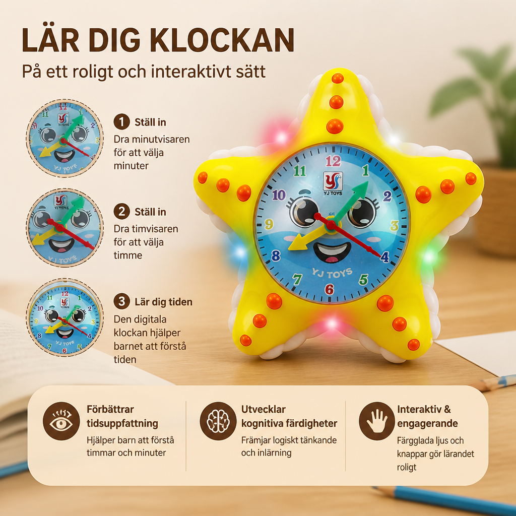 Pedagogisk klockleksak i sjöstjärneform – interaktiv leksak för barn som lär sig klockan