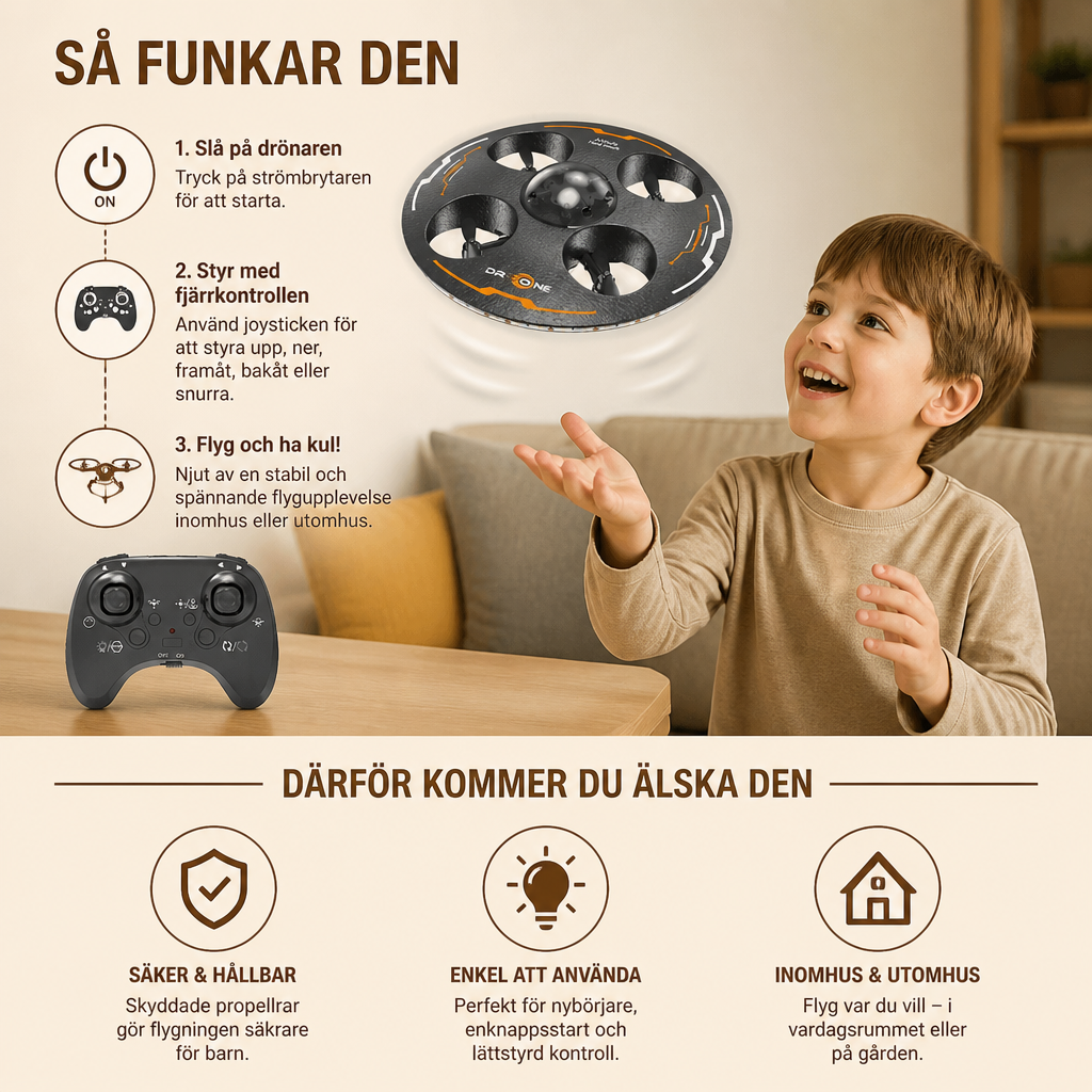 Fjärrstyrd LED-drönare i form av ett flygande tefat