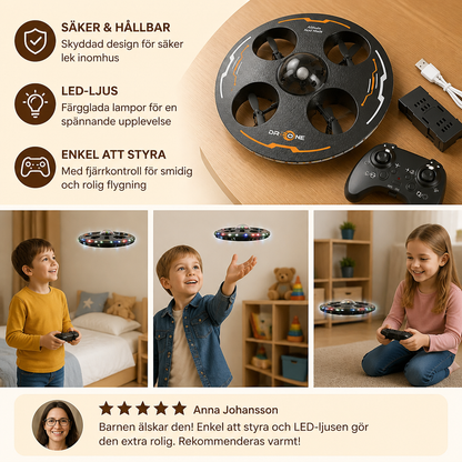 Fjärrstyrd LED-drönare i form av ett flygande tefat