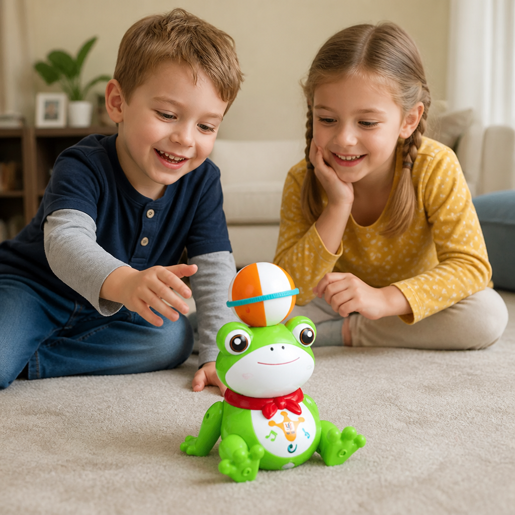 Interaktiv Groda Som Balanserar En Boll Med Ljus, Musik Och 360° Rotation