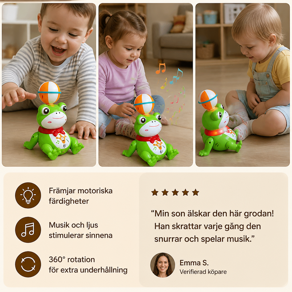 Interaktiv Groda Som Balanserar En Boll Med Ljus, Musik Och 360° Rotation
