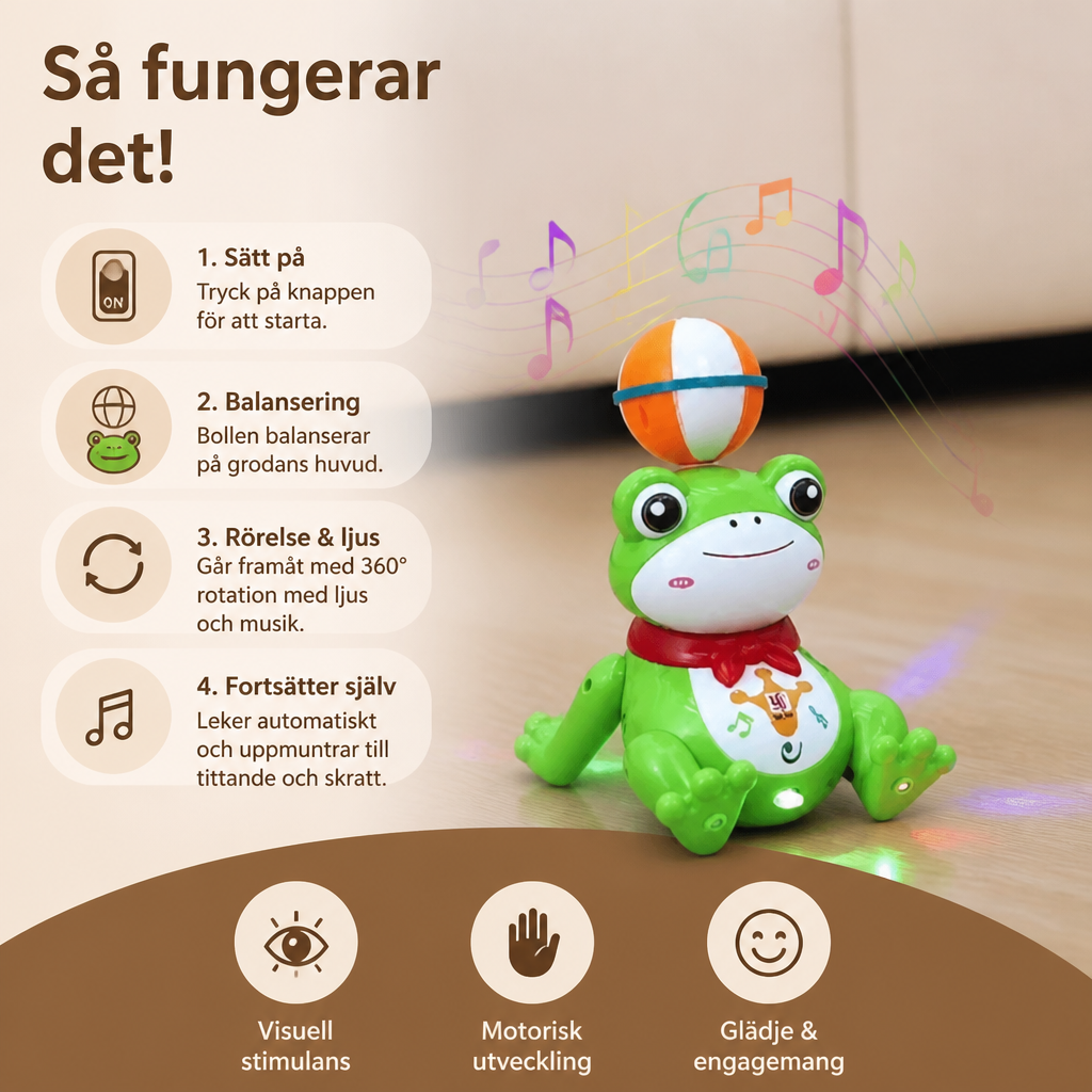 Interaktiv Groda Som Balanserar En Boll Med Ljus, Musik Och 360° Rotation