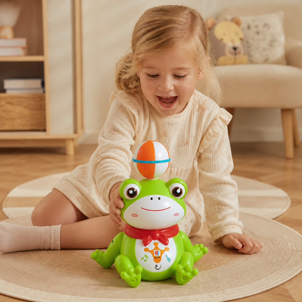 Interaktiv Groda Som Balanserar En Boll Med Ljus, Musik Och 360° Rotation
