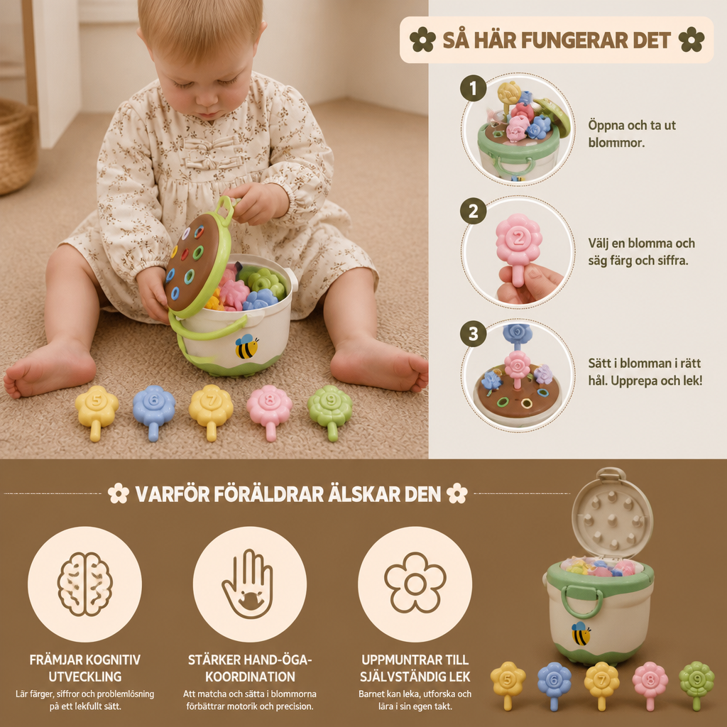 Montessori-Lärspel Med Blomkruka För Att Matcha Färger Och Siffror