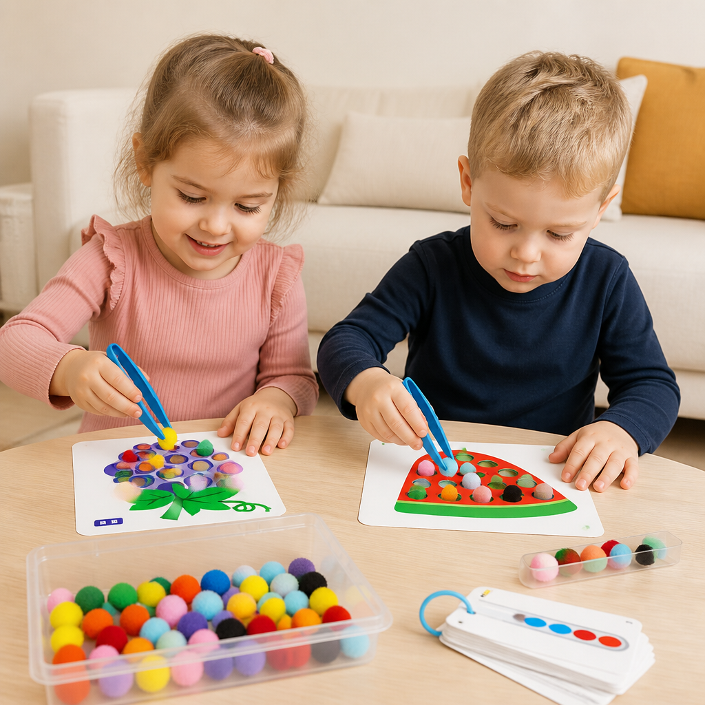 Montessorispel med pompombollar för färger, siffror och finmotorik