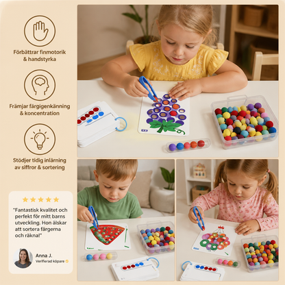 Montessorispel med pompombollar för färger, siffror och finmotorik