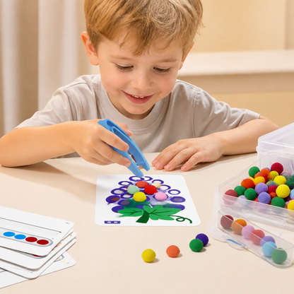 Montessorispel med pompombollar för färger, siffror och finmotorik