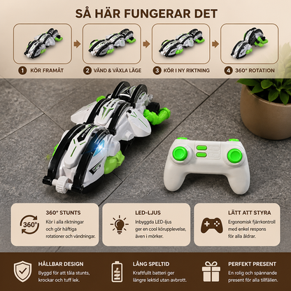 2-i-1 fjärrstyrd förvandlingsbar stuntbil med 360°-rotation och LED-lampor