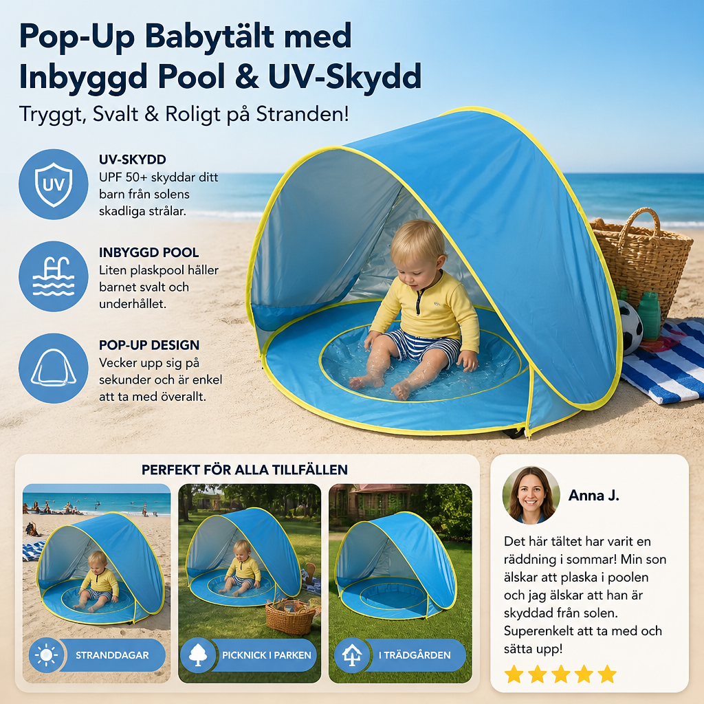 Pop-Up Baby Beach Tent med Inbyggd Pool och UV-Skydd – Bärbart Solskydd för Barn