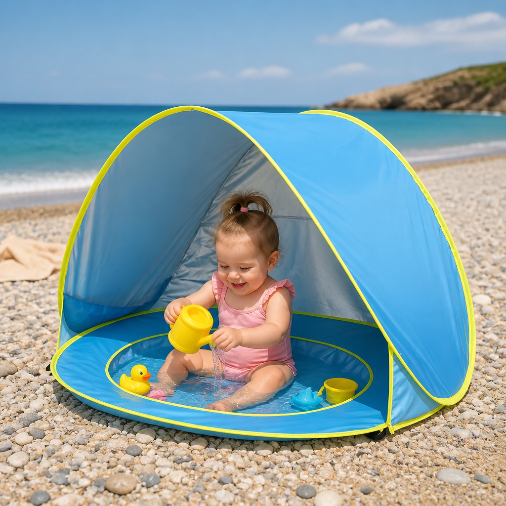 Pop-Up Baby Beach Tent med Inbyggd Pool och UV-Skydd – Bärbart Solskydd för Barn