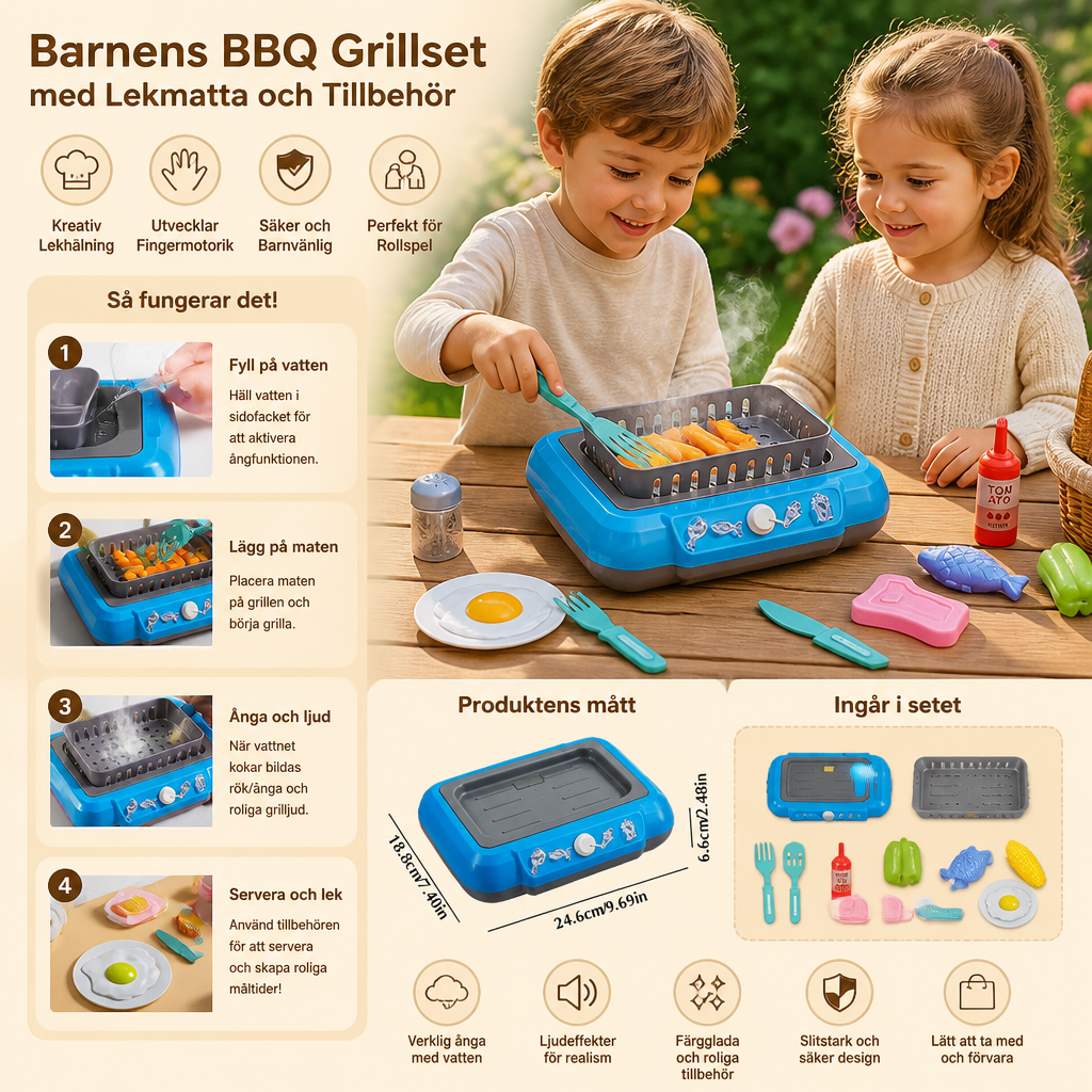 Barnens BBQ Grillset med Lekmatta och Tillbehör