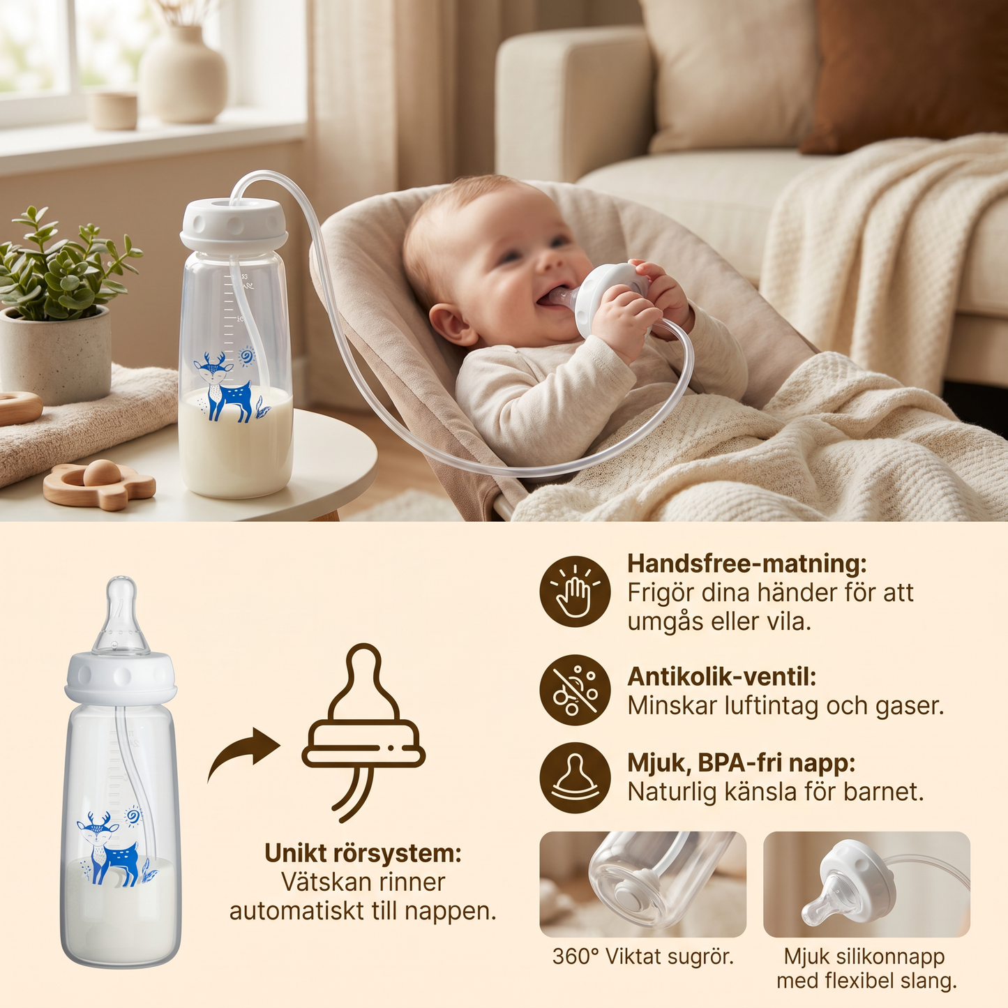 Handsfree nappflaska för matning av baby