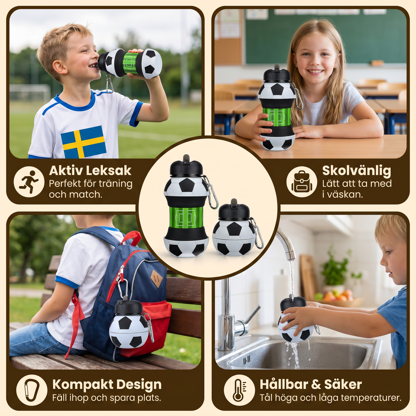 Fällbar och slitstark fotbollsflaska i silikon