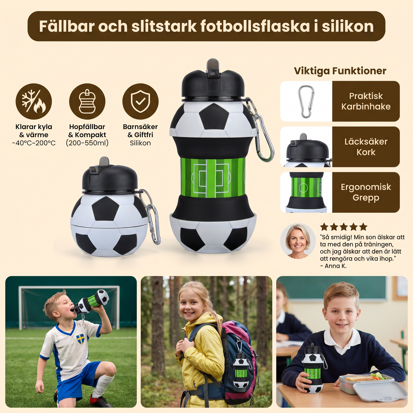Fällbar och slitstark fotbollsflaska i silikon