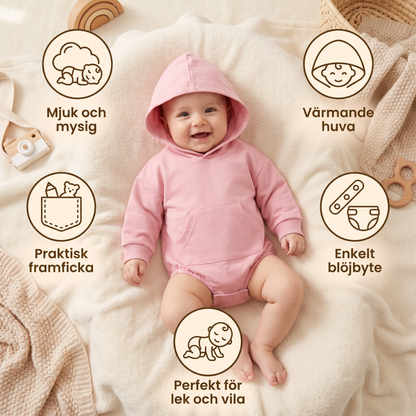 Babyromper med huva – Mjuk långärmad sparkdräkt med framficka