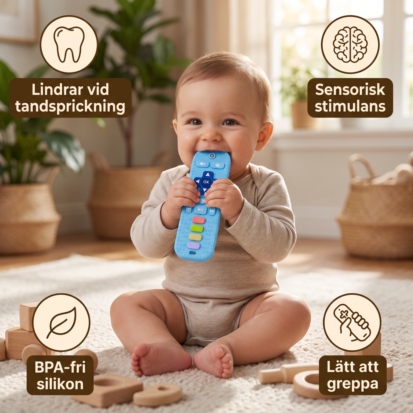 Bitring för bebisar i form av en fjärrkontroll av silikon – BPA-fri sensorisk tuggleksak