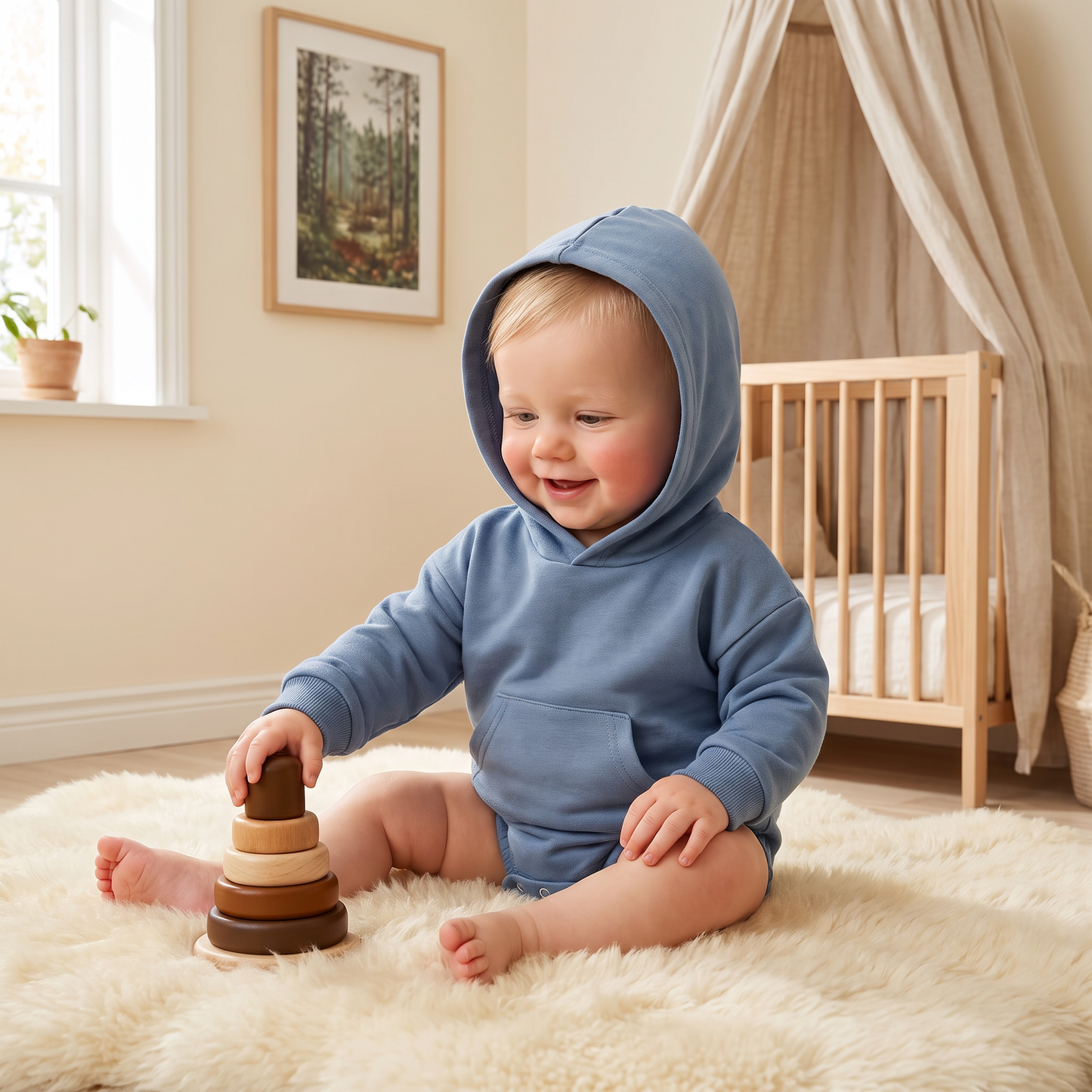 Babyromper med huva – Mjuk långärmad sparkdräkt med framficka
